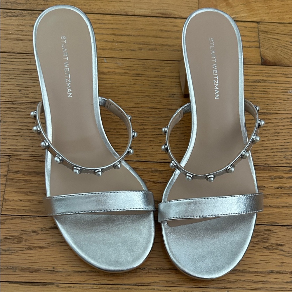 NEW Stuart Weitzman Silver Pearl Block Heels (Sandal)